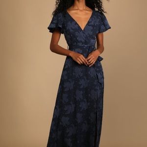 Lulus Compelling Love Navy Blue Jacquard Short Sleeve Maxi Dress